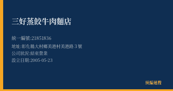 三好蒸餃牛肉麵店的照片-統編 21851836(彰化縣) 公司登記資料與營業項目詳細圖表