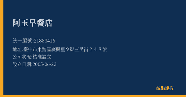 阿玉早餐店的照片-統編 21883416(臺中市) 公司登記資料與營業項目詳細圖表