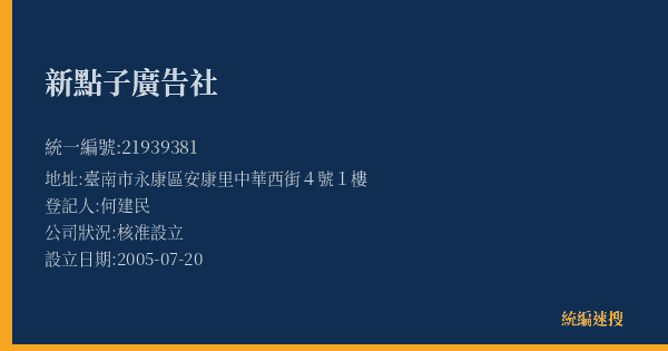 新點子廣告社的照片-統編 21939381(臺南市) 公司登記資料與營業項目詳細圖表