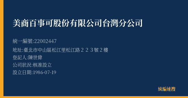 美商百事可股份有限公司台灣分公司的照片-統編 22002447(臺北市) 公司登記資料與營業項目詳細圖表