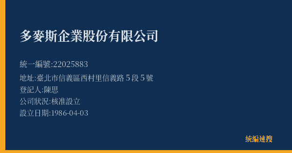 多麥斯企業股份有限公司的照片-統編 22025883(臺北市) 公司登記資料與營業項目詳細圖表