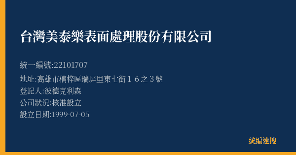 台灣美泰樂表面處理股份有限公司的照片-統編 22101707(高雄市) 公司登記資料與營業項目詳細圖表