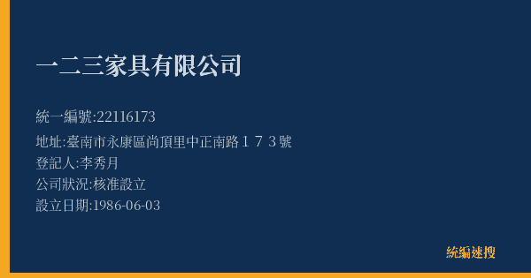 一二三家具有限公司的照片-統編 22116173(臺南市) 公司登記資料與營業項目詳細圖表