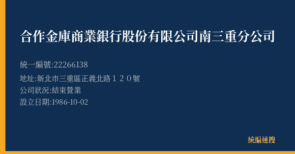 合作金庫商業銀行股份有限公司南三重分公司的照片-統編 22266138(新北市) 公司登記資料與營業項目詳細圖表