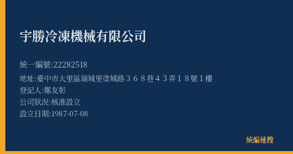 宇勝冷凍機械有限公司的照片-統編 22282518(臺中市) 公司登記資料與營業項目詳細圖表