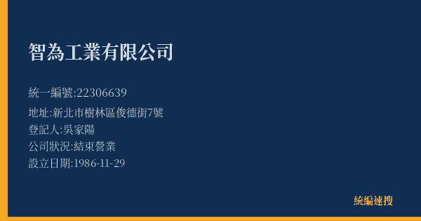 智為工業有限公司的照片-統編 22306639(新北市) 公司登記資料與營業項目詳細圖表