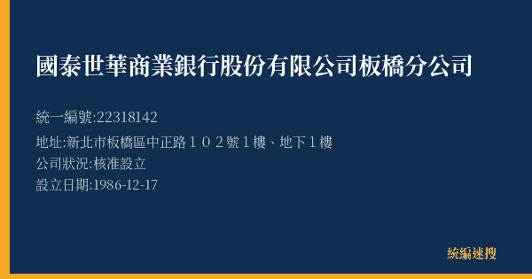 國泰世華商業銀行股份有限公司板橋分公司的照片-統編 22318142(新北市) 公司登記資料與營業項目詳細圖表