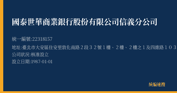國泰世華商業銀行股份有限公司信義分公司的照片-統編 22318157(臺北市) 公司登記資料與營業項目詳細圖表