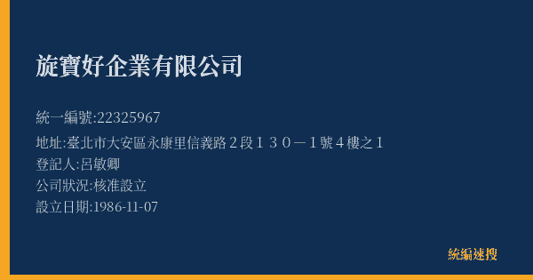 旋寶好企業有限公司的照片-統編 22325967(臺北市) 公司登記資料與營業項目詳細圖表
