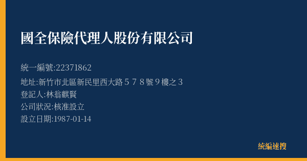國全保險代理人股份有限公司的照片-統編 22371862(新竹市) 公司登記資料與營業項目詳細圖表