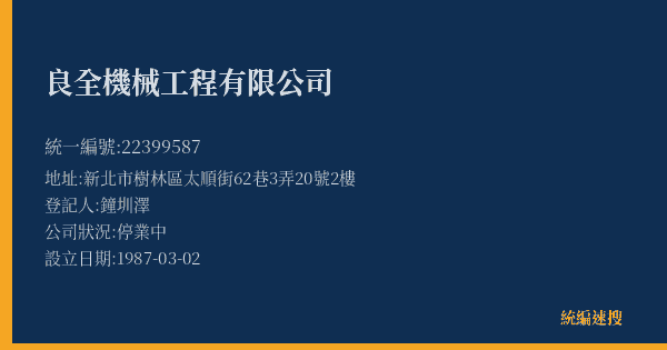 良全機械工程有限公司的照片-統編 22399587(新北市) 公司登記資料與營業項目詳細圖表