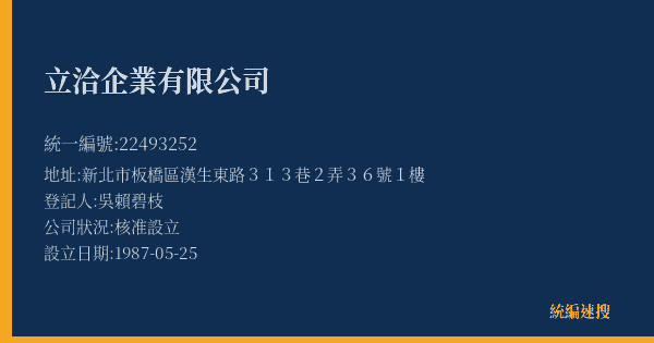 立洽企業有限公司的照片-統編 22493252(新北市) 公司登記資料與營業項目詳細圖表