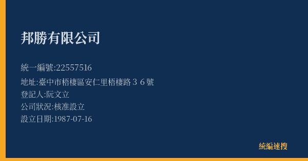 邦勝有限公司的照片-統編 22557516(臺中市) 公司登記資料與營業項目詳細圖表