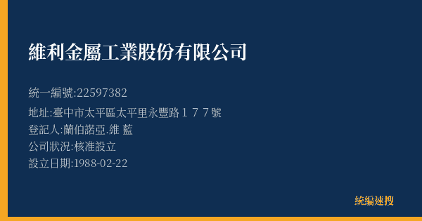 維利金屬工業股份有限公司的照片-統編 22597382(臺中市) 公司登記資料與營業項目詳細圖表