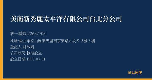 美商新秀麗太平洋有限公司台北分公司的照片-統編 22657705(臺北市) 公司登記資料與營業項目詳細圖表
