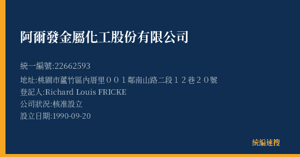 阿爾發金屬化工股份有限公司的照片-統編 22662593(桃園市) 公司登記資料與營業項目詳細圖表