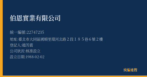 伯恩實業有限公司的照片-統編 22747235(臺北市) 公司登記資料與營業項目詳細圖表