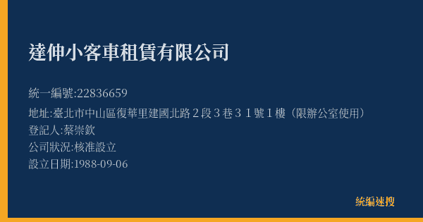 達伸小客車租賃有限公司的照片-統編 22836659(臺北市) 公司登記資料與營業項目詳細圖表