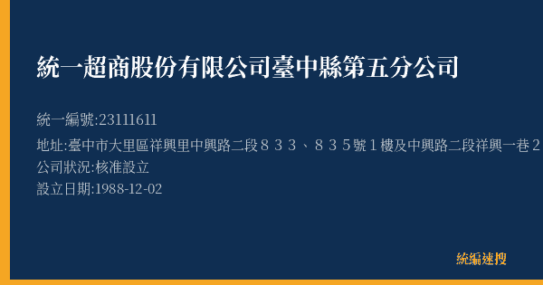 統一超商股份有限公司臺中縣第五分公司的照片-統編 23111611(臺中市) 公司登記資料與營業項目詳細圖表