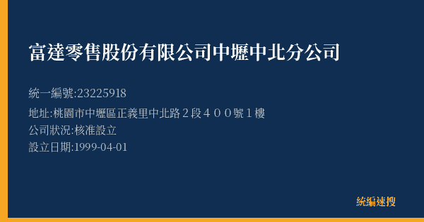 富達零售股份有限公司中壢中北分公司的照片-統編 23225918(桃園市) 公司登記資料與營業項目詳細圖表