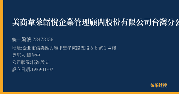 美商韋萊韜悅企業管理顧問股份有限公司台灣分公司的照片-統編 23473156(臺北市) 公司登記資料與營業項目詳細圖表