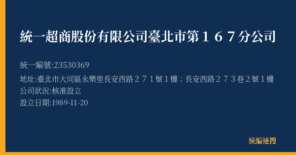 統一超商股份有限公司臺北市第167分公司的照片-統編 23530369(臺北市) 公司登記資料與營業項目詳細圖表