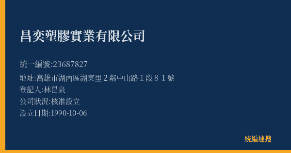 昌奕塑膠實業有限公司的照片-統編 23687827(高雄市) 公司登記資料與營業項目詳細圖表