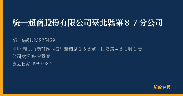 統一超商股份有限公司臺北縣第87分公司的照片-統編 23825429(新北市) 公司登記資料與營業項目詳細圖表