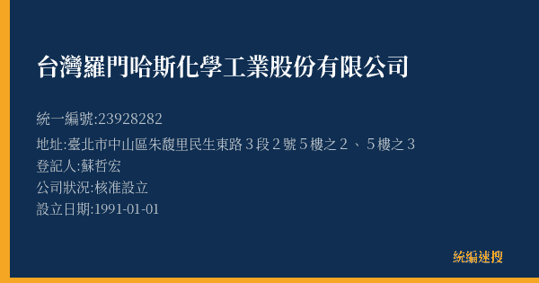 台灣羅門哈斯化學工業股份有限公司的照片-統編 23928282(臺北市) 公司登記資料與營業項目詳細圖表