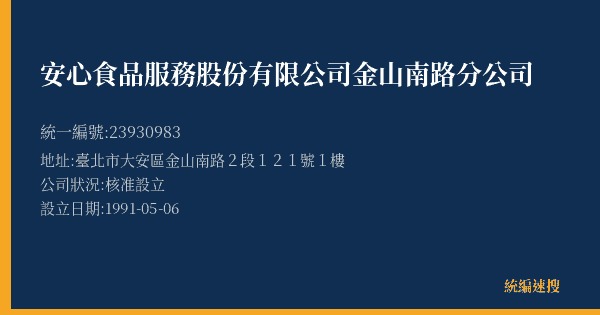 安心食品服務股份有限公司金山南路分公司的照片-統編 23930983(臺北市) 公司登記資料與營業項目詳細圖表