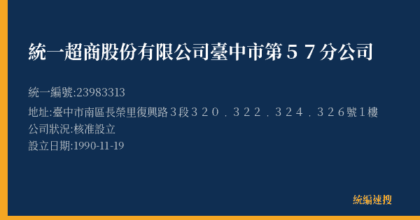 統一超商股份有限公司臺中市第57分公司的照片-統編 23983313(臺中市) 公司登記資料與營業項目詳細圖表