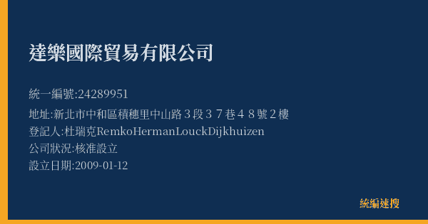 達樂國際貿易有限公司的照片-統編 24289951(新北市) 公司登記資料與營業項目詳細圖表