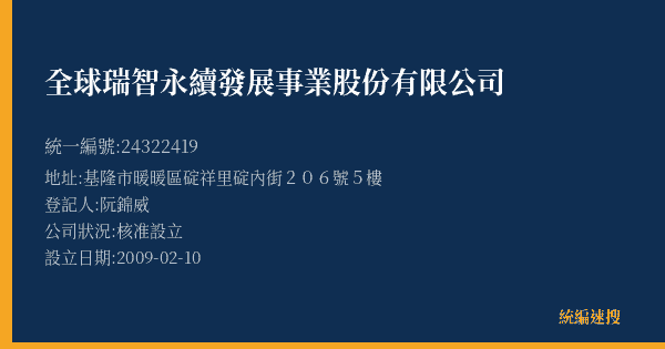 全球瑞智永續發展事業股份有限公司的照片-統編 24322419(基隆市) 公司登記資料與營業項目詳細圖表