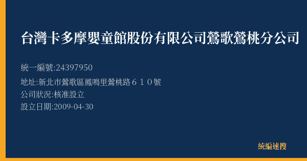 台灣卡多摩嬰童館股份有限公司鶯歌鶯桃分公司的照片-統編 24397950(新北市) 公司登記資料與營業項目詳細圖表