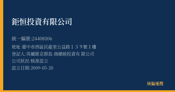 鉅恒投資有限公司的照片-統編 24408106(臺中市) 公司登記資料與營業項目詳細圖表