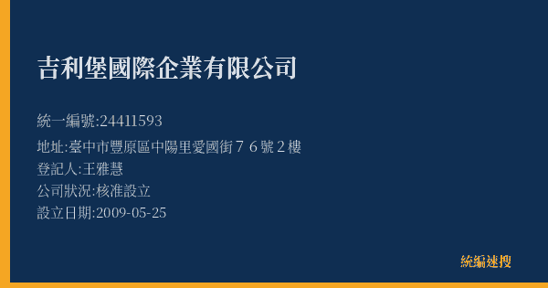 吉利堡國際企業有限公司的照片-統編 24411593(臺中市) 公司登記資料與營業項目詳細圖表