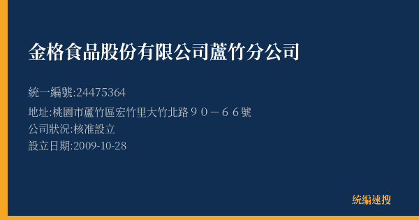 金格食品股份有限公司蘆竹分公司的照片-統編 24475364(桃園市) 公司登記資料與營業項目詳細圖表