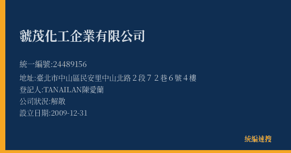 虢茂化工企業有限公司的照片-統編 24489156(臺北市) 公司登記資料與營業項目詳細圖表