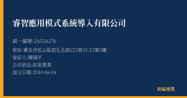 睿智應用模式系統導入有限公司的照片-統編 24554276(臺北市) 公司登記資料與營業項目詳細圖表