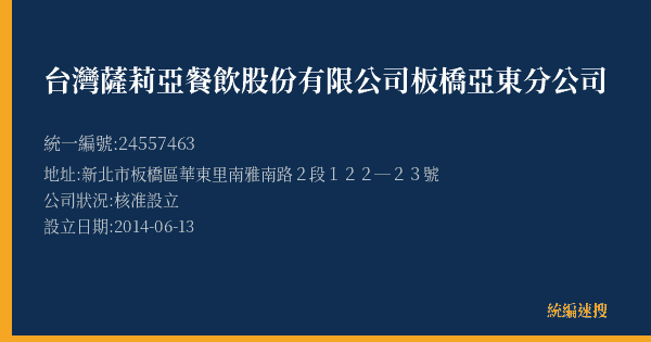 台灣薩莉亞餐飲股份有限公司板橋亞東分公司的照片-統編 24557463(新北市) 公司登記資料與營業項目詳細圖表