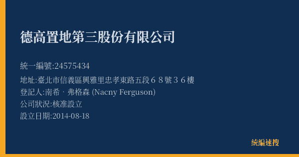 德高置地第三股份有限公司的照片-統編 24575434(臺北市) 公司登記資料與營業項目詳細圖表