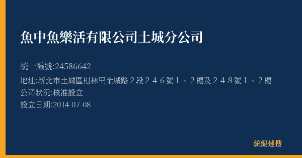 魚中魚樂活有限公司土城分公司的照片-統編 24586642(新北市) 公司登記資料與營業項目詳細圖表