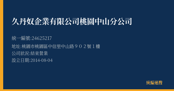 久丹奴企業有限公司桃園中山分公司的照片-統編 24625217(桃園市) 公司登記資料與營業項目詳細圖表