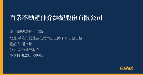 百業不動產仲介經紀股份有限公司的照片-統編 24634285(基隆市) 公司登記資料與營業項目詳細圖表