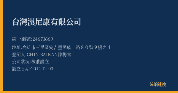 台灣漢尼康有限公司的照片-統編 24671669(高雄市) 公司登記資料與營業項目詳細圖表