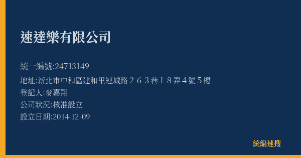 速達樂有限公司的照片-統編 24713149(新北市) 公司登記資料與營業項目詳細圖表