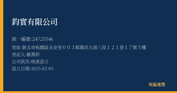 鈞實有限公司的照片-統編 24725546(新北市) 公司登記資料與營業項目詳細圖表