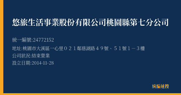 悠旅生活事業股份有限公司桃園縣第七分公司的照片-統編 24772152(桃園市) 公司登記資料與營業項目詳細圖表