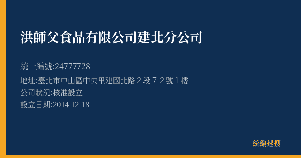 洪師父食品有限公司建北分公司的照片-統編 24777728(臺北市) 公司登記資料與營業項目詳細圖表