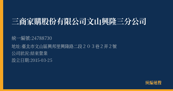 三商家購股份有限公司文山興隆三分公司的照片-統編 24788730(臺北市) 公司登記資料與營業項目詳細圖表